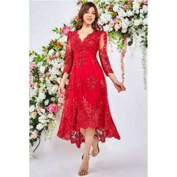 Goddiva Scalloped Lace High Low Midi Dress - Red - Size 10 UK