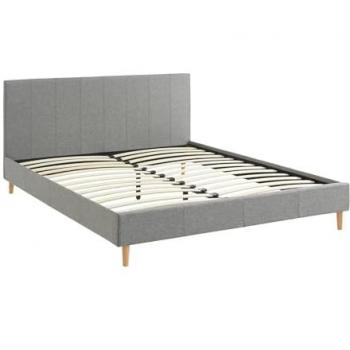Cama con somier de lamas y cabecera tapizada en tejido gris claro, 211 x 167.5 x 89 cm