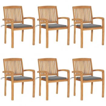 Stackable Garden Chairs with Cushions - 6 pcs Solid Teak Wood