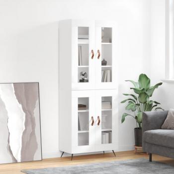 Aparador alto de madera contrachapada blanco brillo 69,5x34x180 cm con 2 puertas de cristal, mueble de almacenaje para salón, buffet y armario auxiliar