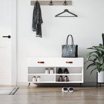 Banco zapatero de madera de ingeniería blanco brillo 102x35x55 cm