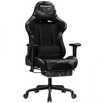SONGMICS Silla Gaming con Reposapiés, Silla Ergonómica Racing, Capacidad de 150 kg, con Reposacabezas, Cojín Lumbar, Respaldo Alto, Cuero Sintético, Malla Transpirable