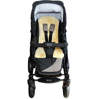 Almohadilla de piel de cordero auténtica para Silla de paseo y Silla de coche - Color dorado-beige, medidas 77x35 cm, con 5 agujeros para cinturón