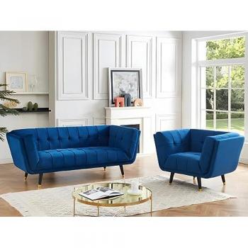 Sofá de 3 plazas y sillón en terciopelo Samantha II - Azul Noche