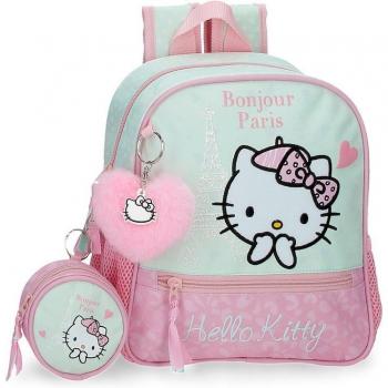 Mochila Infantil Hello Kitty Paris Turquesa 23x25x10cm con Porta Chupete