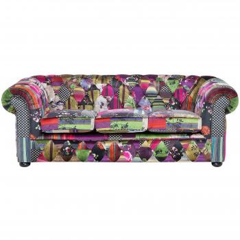 Sofá Chesterfield 3 Plazas Tapizado Multicolor con Brazos Enrollados y Diseño Patchwork Violeta