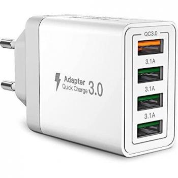 Cargador USB de Pared 33W,Cargador USB Carga rapida con 4 Puertos,Quick Charge 3.0 Enchufe USB Multiple para iPhone11 12 XS 8 7 6, Samsung S21 S20 S10 S9 S8,Huawei P30 P20 P10 P9, Redmi Note 9/8