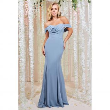 Goddiva Chiffon Bardot Cowl Neck Maxi Dress - Dusky Blue