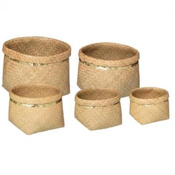 Juego de 5 cestas redondas de mimbre con lentejuelas doradas, medidas: 39 cm, 36 cm, 30 cm, 26 cm y 23 cm