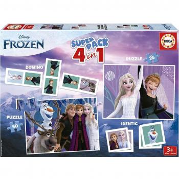 Superpack 4 en 1 Frozen - Set de Entretenimiento con Puzzles, Domino e Identificación