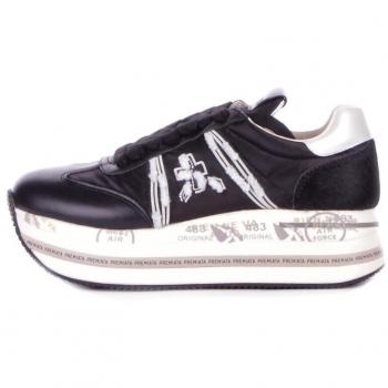 Premiata Beth 6953 Women's Black Leather Sneakers with Embroidered Logo and Suede Details