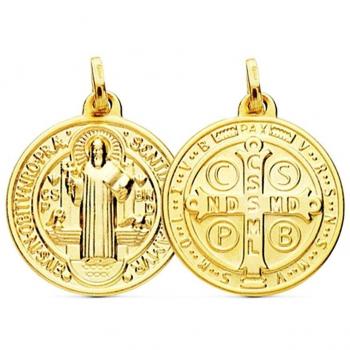 Medalla de oro 18k escapulario de 20mm con San Benito redondo y trasera cruz