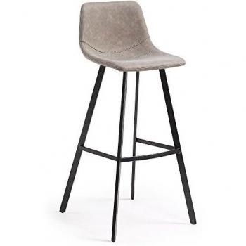 Kave Home - Taburete Alto de Bar Alve Beige 80 cm con Respaldo de Piel sintética y Patas de Acero en Negro