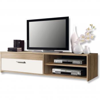 Mueble de TV PILVI - Estilo contemporáneo - Partículas de melamina - Roble y decoración blanca - 1 aleta + 2 nichos - L 120 x P 42 x H 32
