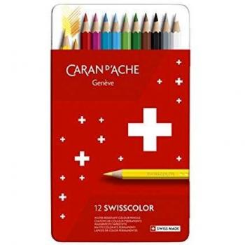 Set de 12 lápices de colores permanentes Caran d'Ache Swisscolor en estuche metálico, resistentes al agua