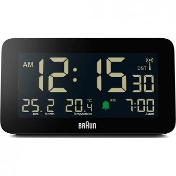Braun BNC009BK Digital Alarm Clock with Date, Month and Temperature Displayed, Negative LCD Display, Quick Set, Crescendo Beep Alarm in Black