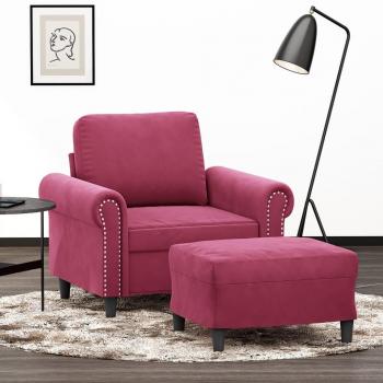 Sillón con Taburete de Terciopelo Rojo Tinto 60 cm, Poltrona con Reposapiés y Respaldo para Salón