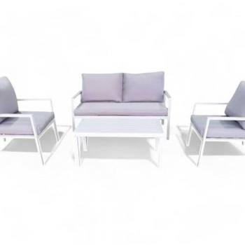 Conjunto de muebles de jardín Helsinki: sofá, sillones y mesa de centro en aluminio blanco con cojines extraíbles
