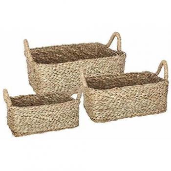 Juego de 3 Cestas Rectangulares de Mimbre Natural Beige para Almacenaje Decorativo - Artesanía en Mimbre