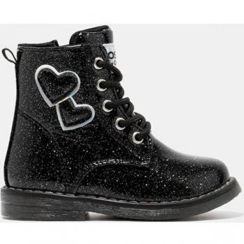 Botas de bebé niña tipo militar con detalles glitter y dibujo de corazones