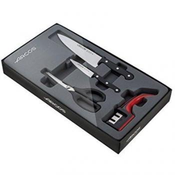 Arcos Serie Universal, Juego de Cocina 4 piezas, Tijeras + Cuchillo Verduras + Cuchillo Chef + Afilador