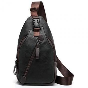 FreeMaster Mochila de hombro para hombre, estilo vintage, piel sintética, se puede llevar sobre el pecho, ideal para hacer senderismo, pequeño tamaño, moderna, Black F, 12.6L x 5.9W x 2H inch