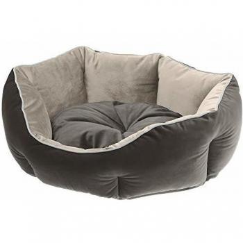 Cama Acolchada para Perros y Gatos Ferplast Queen 60 - Suave Terciopelo Beige-Gris, Doble Cara, Lavable (60 x 46 x h 20 cm)