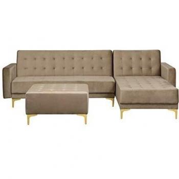 Sofá Esquinero Modular de Terciopelo Beige Arena Dorado 4 Plazas con Otomana Chaise Longue Izquierda Aberdeen