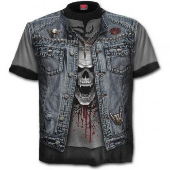 Black Thrash Metal Allover Print T-Shirt - 100% Cotton, Size L