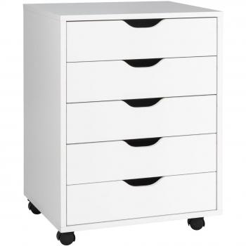 Cajonera Organizador Costway con 5 Cajones, Mueble para Documentos con Ruedas, Archivador Móvil para Casa y Oficina, Dimensiones: 50 x 42 x 67 cm, Color Blanco