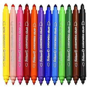 Pelikan 813846 - Juego de rotuladores lavables Colorella Dúo, kit escolar de 12 colores, punta doble fina y gruesa, tapón anti ahogamiento, tinta a base de agua