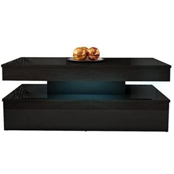 Mesa de centro Merced N100, MDF, LED, Angular, Negro Brillante, 120 x 55 x 50 cm