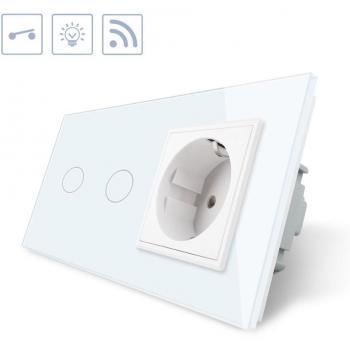 Interruptor táctil 2 botones + 1 enchufe frontal blanco + remoto LEDBOX