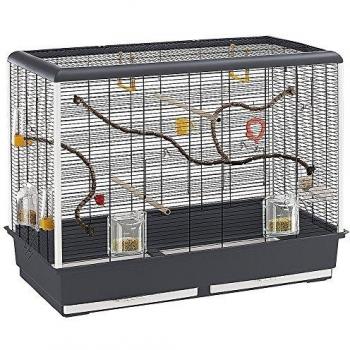Ferplast Amplia Jaula para Canarios, periquitos y pequeños pájaros exóticos Piano 6, con Accesorios, Percha Modular y comederos giratorios, Pintado Negro y cubeta Marrón, 87 x 46,5 x h 70 cm