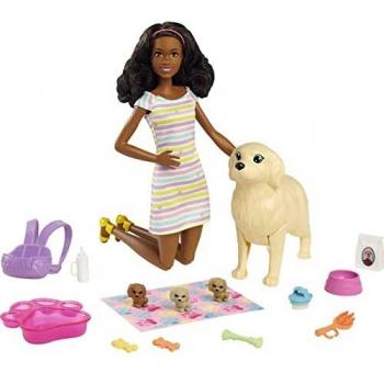 Barbie - Perritos recién nacidos, muñeca morena con perrito y accesorios de juguete, regalo para niñas