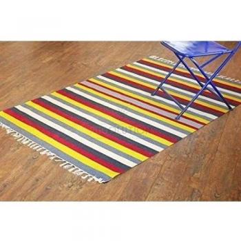 Alfombra de tejido reversible tejido 100% algodón orgánico con tintes vegetales. Estampado a rayas multicolor. Tapete. Medidas: 120x180 , Código: 02712