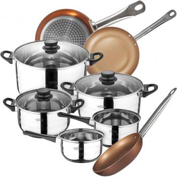 Batería de cocina 8 piezas San Ignacio Toledo de acero inoxidable con juego de sartenes Bergner Professional Chef Copper Plus (20/24/28 cm)