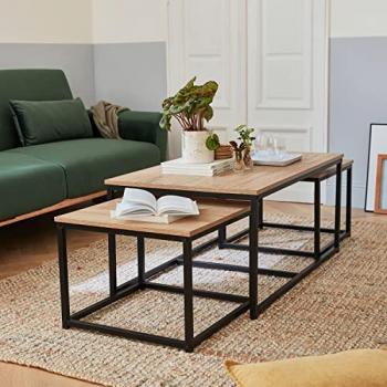 Juego de 3 mesas nido de metal negro con decoración de madera, encastrables, set de 3, dimensiones: 1 mesa grande (100x60x45 cm) y 2 mesas pequeñas (50x50x38 cm