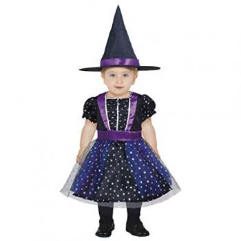 Disfraz de Bruja Estrellas Plateadas para Niña y Bebé - Incluye sombrero de bruja, diseño con estrellas plateadas, adecuado para bebés de 12 a 18 meses
