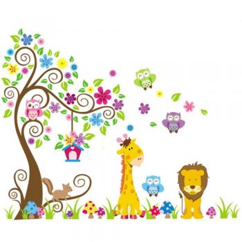 Rainbow Fox Jungle pared del árbol del búho pegatina de desplazamiento decoración animales arbolado vivero de arte mural para la decoración de las muchachas de habitación del bebé extraíble