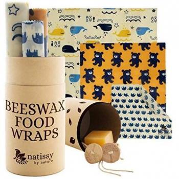 Envoltorio Cera de Abeja para Alimentos, Set de 6 Beeswax Wrap Natural de Tela, Papel Bocadillo Reutilizable, Cubiertas Lavables para Cuenco Ecológicas, Zero Waste Alternativa, para Queso, Fruta y Pan