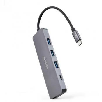 Nanocable Hub USB-C a 3 Puertos USB 3.0 y 1 Puerto USB-C de Aluminio, Longitud del Cable 10 cm, Color Gris