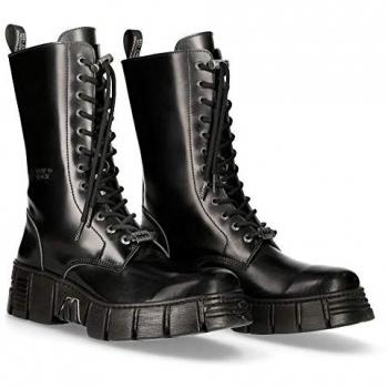 New Rock Black Leather Mid-Calf Tower Biker Boots - M-WALL027N-C2 Size US 39