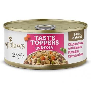 Applaws Taste Toppers en Caldo para Perros - Pollo con Salmón, Calabaza, Zanahoria y Guisantes - Lata de 156 g