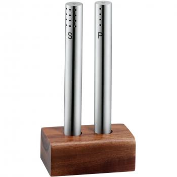 WMF Gourmet Salero y pimentero con Soporte de Madera, Acero Inoxidable Mate