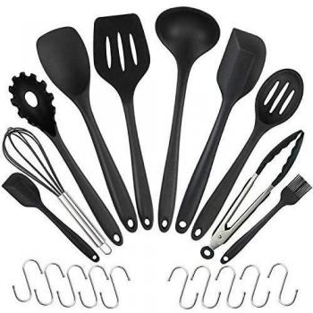 20 uds Utensilios de cocina de silicona, WisFox Utensilios de cocina de silicona resistentes al calor, Herramientas antiadherentes para hornear en la cocina 10 juegos + 10 ganchos S-Negro