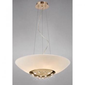 Lámpara colgante Amada 6 bombillas oro/vidrio esmerilado con diseño elegante, 6 luces tipo G9, acabado en oro francés y cristal blanco ópalo