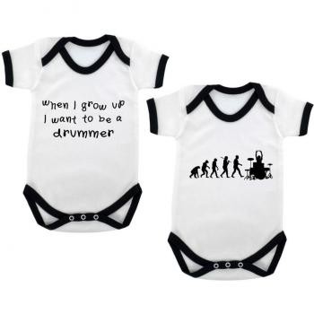 2-unidades de la evolución de un Drummer y When I Grow Up... Drummer Designs mono con diseño de bebé negro contrastado y negro diseño de impresión