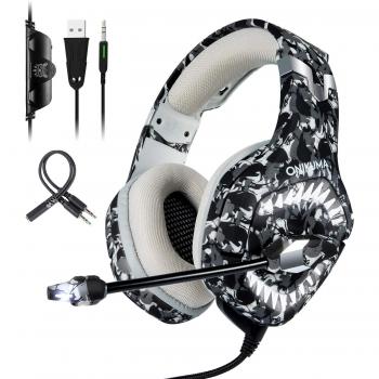 ONIKUMA Cascos Gaming de Camuflaje para PS4 / PC/Xbox One, K1 Pro Auriculares Gaming con Bass Surround Cancelacion Ruido, Profesional con Micrófono Limpio Sonido 3.5mm, Luces LED con Adaptador 2 en 1