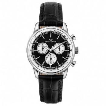 Philip Watch Swiss Made Anniversary Chronograph Men's Watch with Leather Strap and Black Dial, 100M Water Resistance